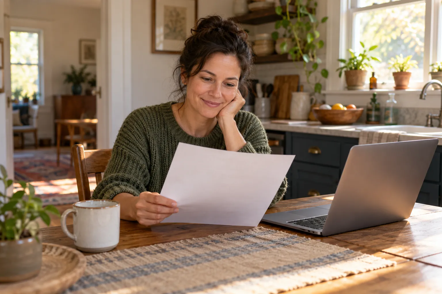 A homeowner reviewing a written roofing quote at the kitchen table